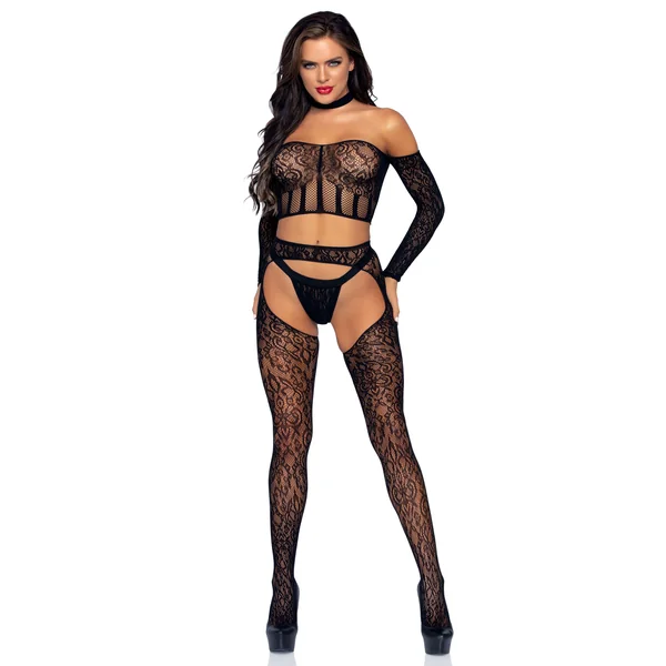 3 Pc. Halter Choker Crop Top, Suspender Hose, and G-String - One Size - Black