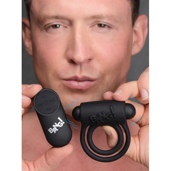BANG! SILICONE COCK RING & BULLET W/ REMOTE BLACK