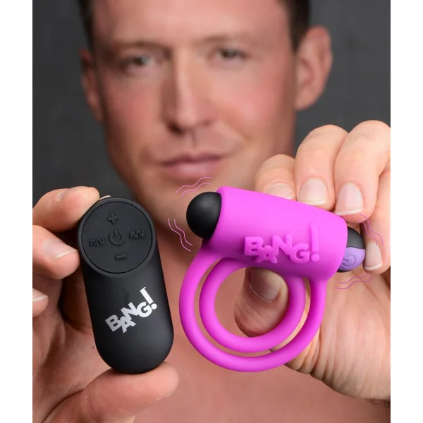 BANG! SILICONE COCK RING & BULLET W/ REMOTE PURPLE (Out End Jul)