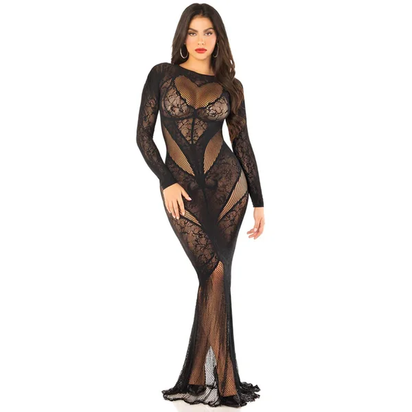 Black Lace and Net Body Con Gown - With Heart Keyhole Detail - Os
