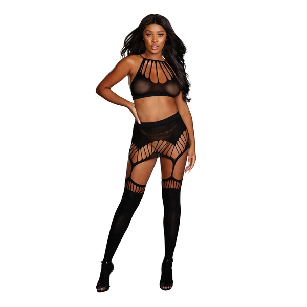 Bra, Garter Skirt, & Stockings - One Size - Black