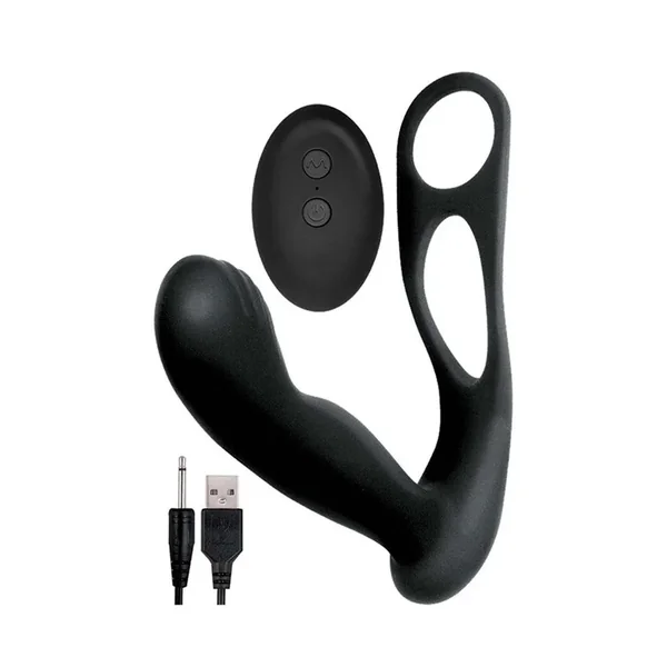 Butts Up Rechargeable Silicone Prostate Massager with Scrotum and Cock Ring – Black