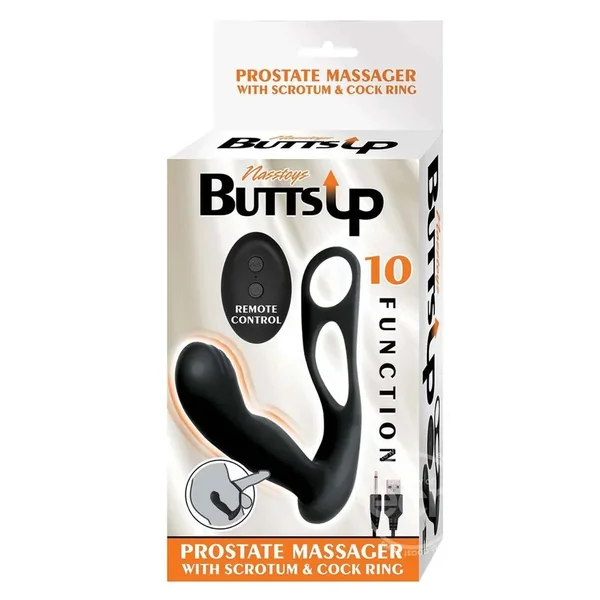 Butts Up Rechargeable Silicone Prostate Massager with Scrotum & Cock Ring – Black
