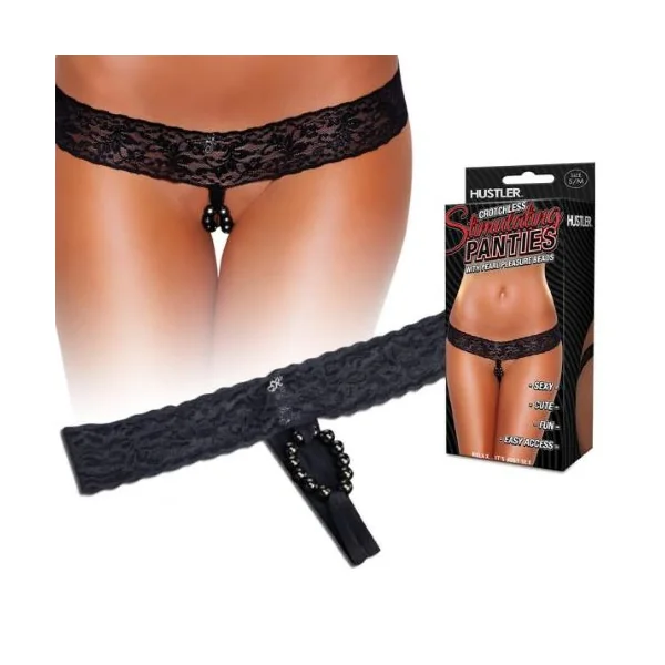 CROTCHLESS STIMULATING PANTIES W PEARL BEADS BLACK M/L