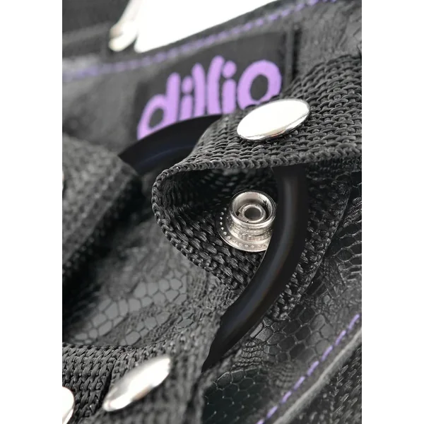 Dillio Strap-On Suspender Harness Set Black with Silicone Dildo 6in – Purple