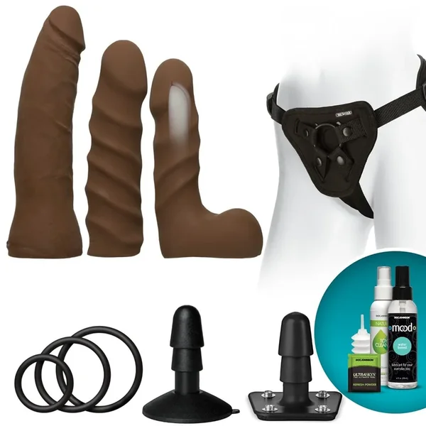 Doc Johnson – Vac U Lock Dual Density Harness Starter Set Chocolate | 7, 6 & 5.5 inch Dildos