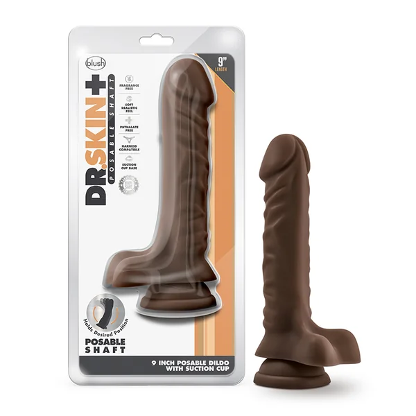 DR SKIN PLUS 9IN POSABLE DILDO W/ BALLS CHOCOLATE