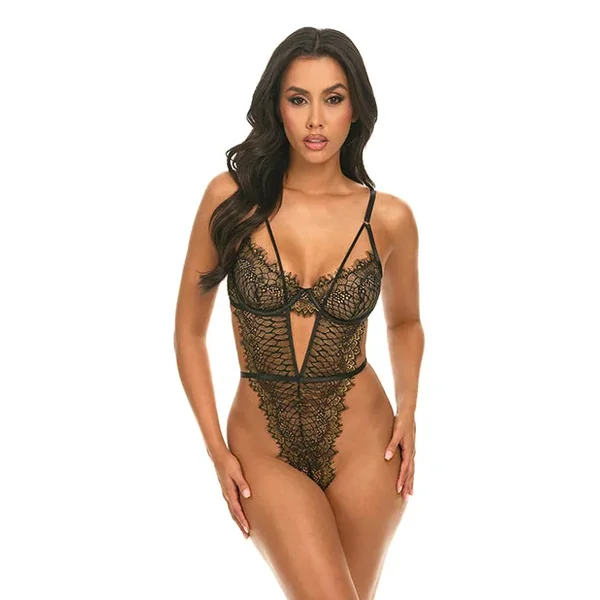 Greta Snake Eyelash Lace Teddy – Black/Gold SM