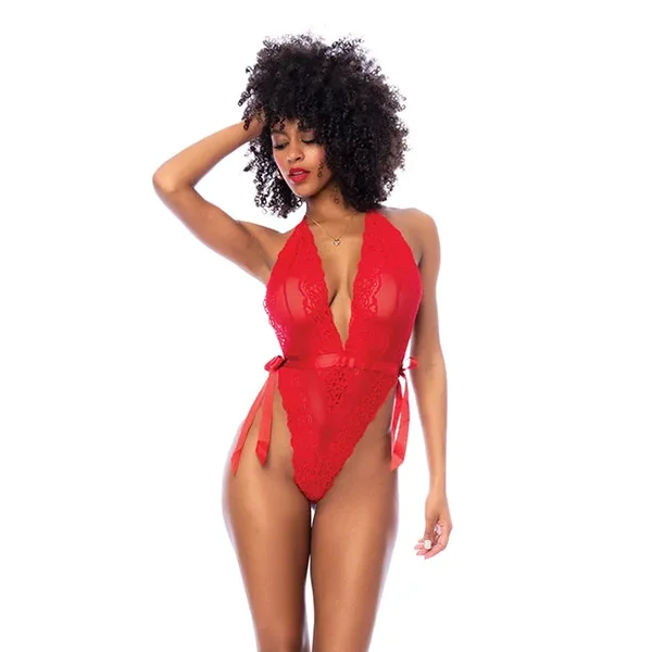 Lace Deep-V Halter Teddy – Red L/XL