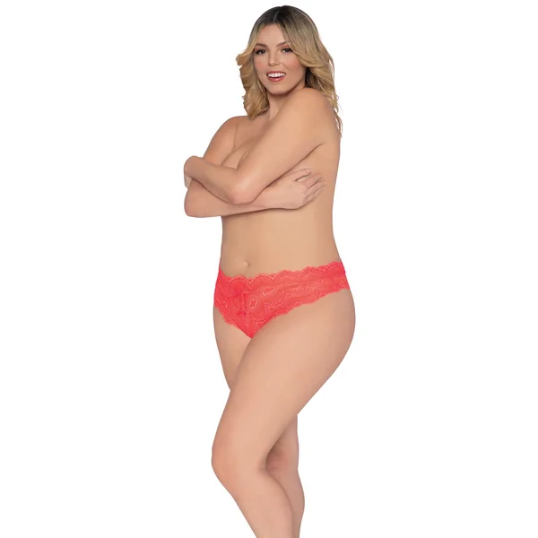 Lace Tanga Open-Crotch Panty - 1x - Coral