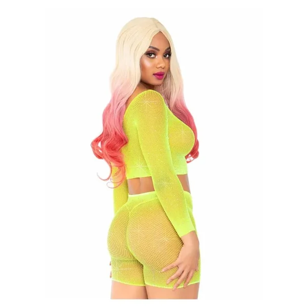 Leg Avenue Rhinestone fishnet long sleeve crop top and biker shorts (2 Piece) – O/S – Yellow