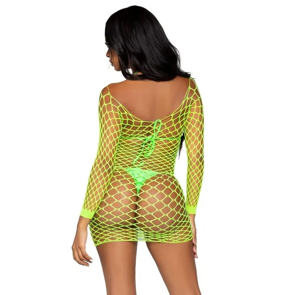 Leg Avenue Supreme Fence Net Long Sleeved Mini Dress – O/S – Neon Green