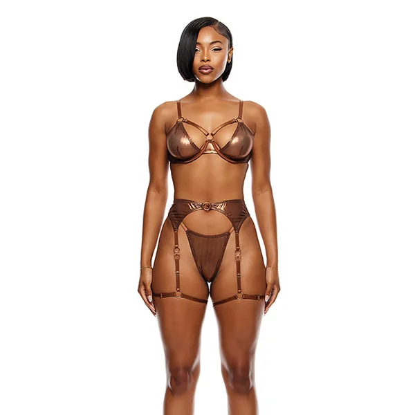 Liquid Metal Metallic Mesh Underwire Bra w/Garter Belt & G-String 3 pc Set - Metallic Copper SM