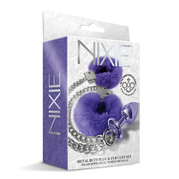 Nixie Metal Butt Plug W-inlaid Jewel & Fur Cuff Set - Purple Metallic