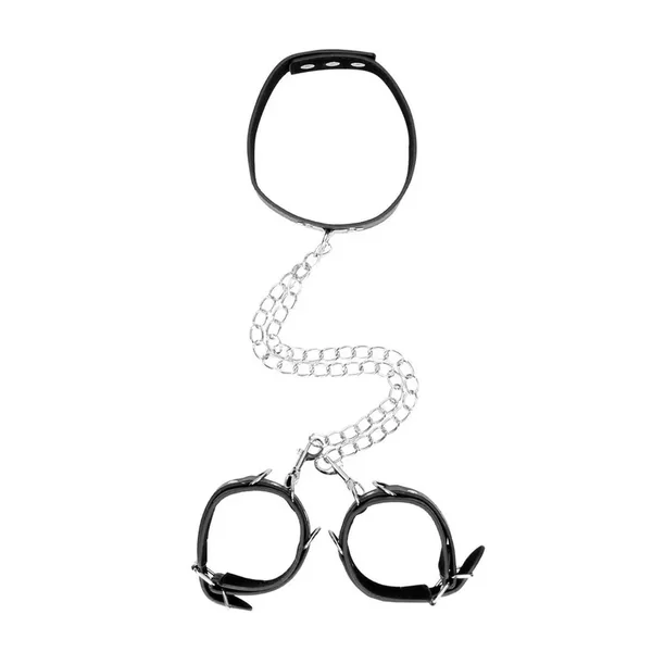 Ouch! Bonded Leather Collar with Hand Cuffs and Leash – Black