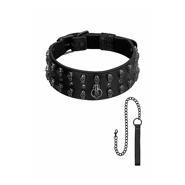 OUCH! SKULLS & BONES NECK CHAIN W/ SKULLS AND LEASH BLACK