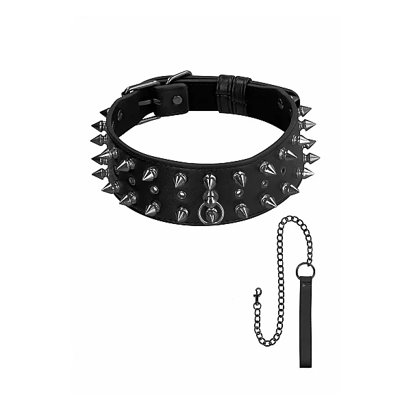 OUCH! SKULLS & BONES NECK CHAIN W/ SPIKES & LEASH BLACK