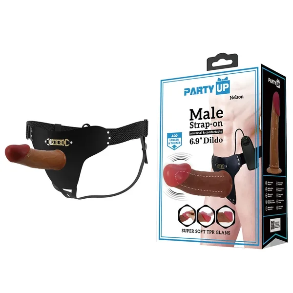Party Up NELSON Vibrating Strap-On – Brown 17.5 cm Vibrating Hollow Strap-On