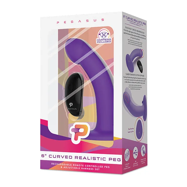 Pegasus 6" Rechargeable Curved Peg W-adjustable Harness & Remote Set - Purple
