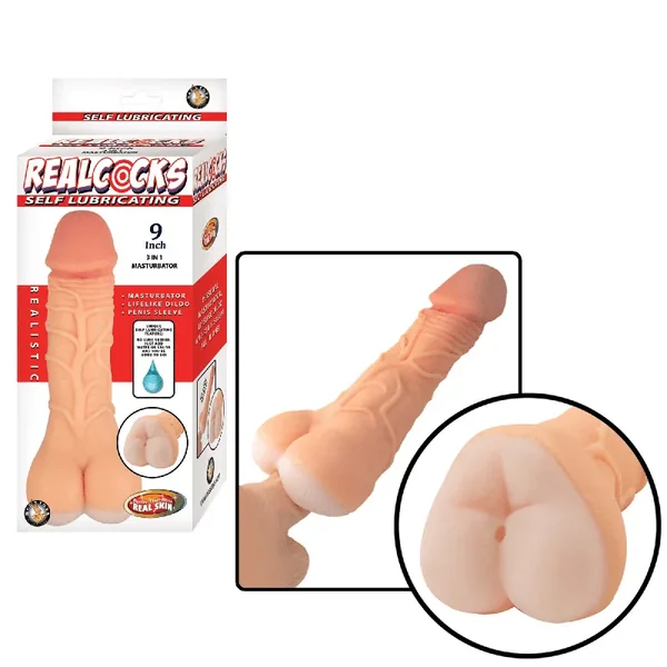Realcocks Self Lubricating 9 In. 3-in-1 Masturbator Non-Vibrating Stroker Beige