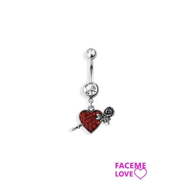 RED ENAMEL HEART WITH ROSE DANGLE 316L SS NAVEL RING