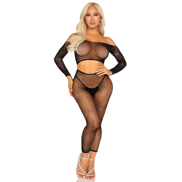 Rhinestone Fishnet Crop Top and Footless Tights O/s - Black