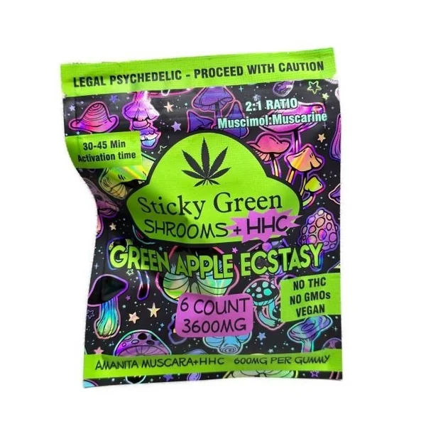 Sticky Green Shroom+HHC 3600mg Gummies 6ct Green Apple Ecstasy