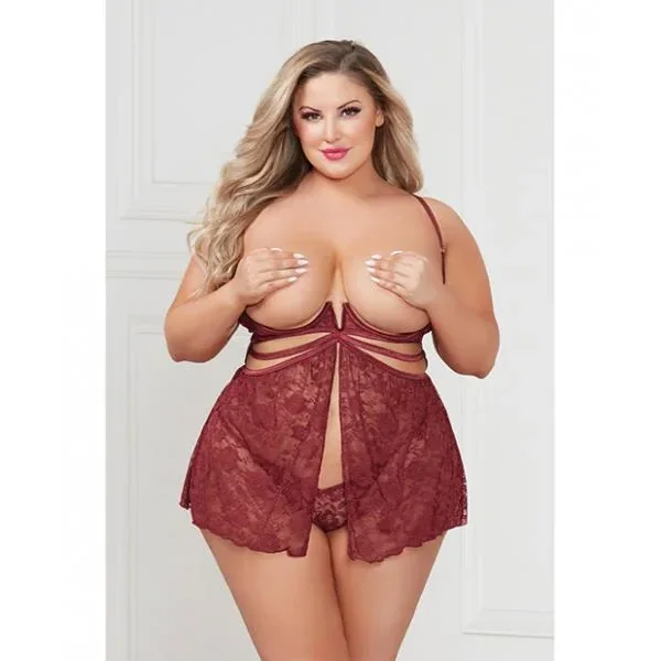 Super Sexy Stretch Lace Babydoll W/g-string Wine Qn