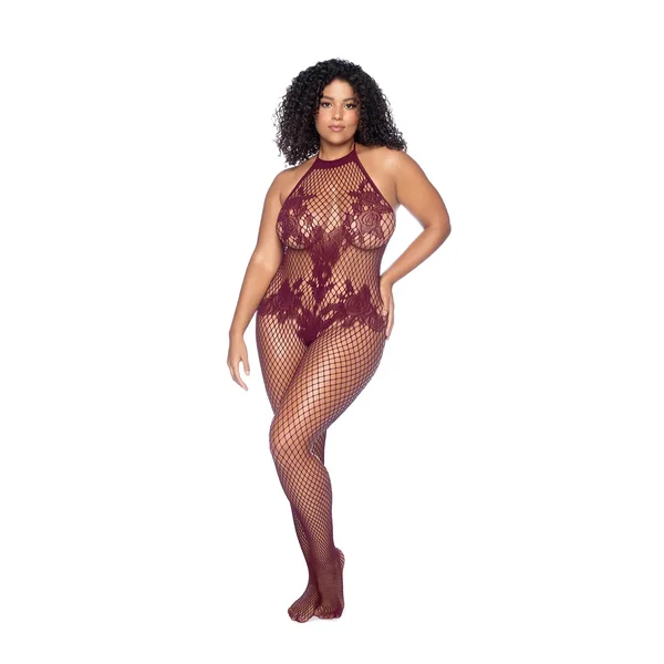 Vino Noir Floral Fishnet Bodystocking - X - Cherry