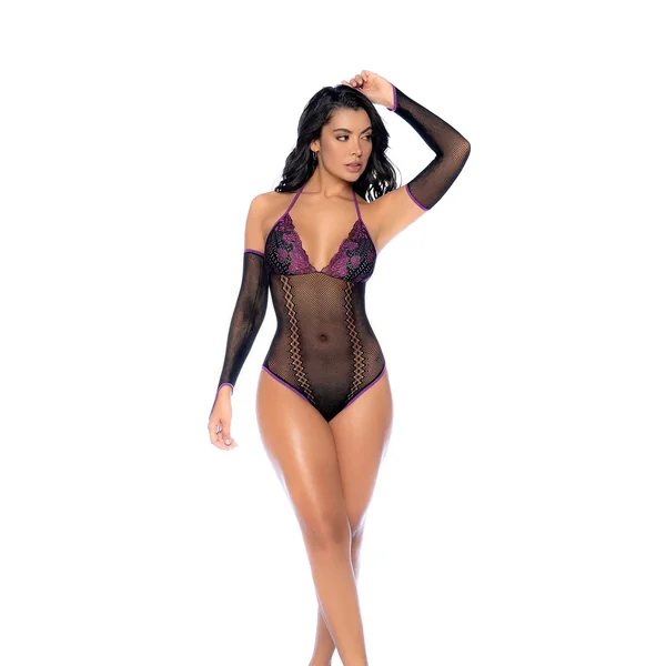 Whispered Lace Fishnet Bodysuit - Os - Black/purple